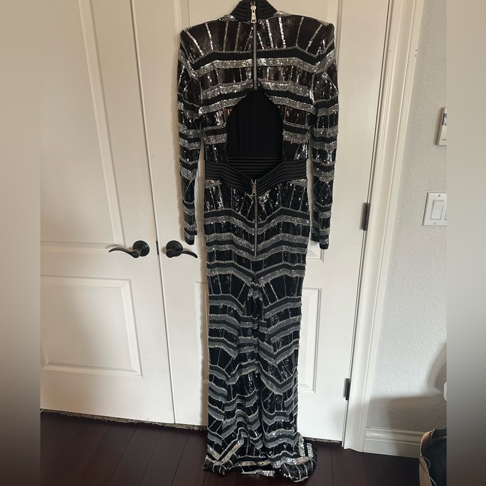 Zhivago Black and Silver Sequin Long Sleeve High-Slit Gown - Picture 9 of 11